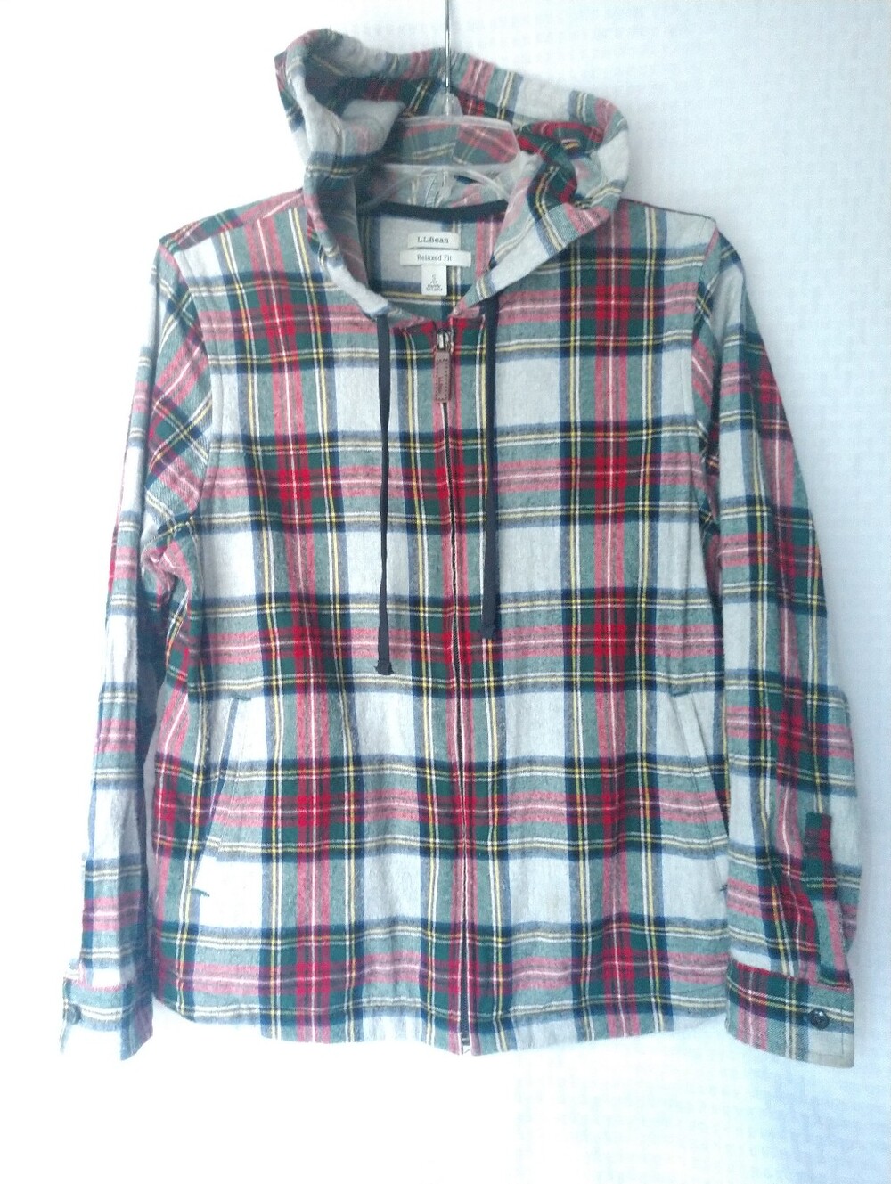 Women's Flannel Shirt Jacket Hoodie LL BEAN Relaxed Fit Zip Front Multicolor PS